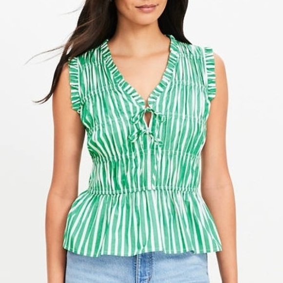LOFT Tops - Loft Green And White Striped Cotton Peplum Top With Bow Ties And Ruffles